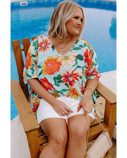 Premium Women's Plus Size Blouse with Floral Print V-Neck Batwing Sleeve - Sky Blue