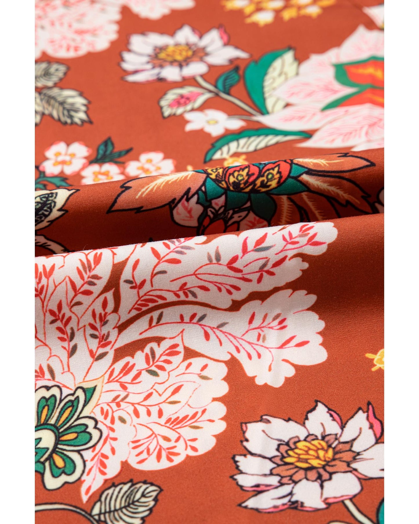 Women's Floral Blouse with Frilled V-Neck & Puff Short Sleeve - Brown 2X