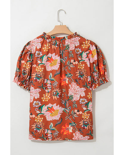 Women's Floral Blouse with Frilled V-Neck & Puff Short Sleeve - Brown 2X