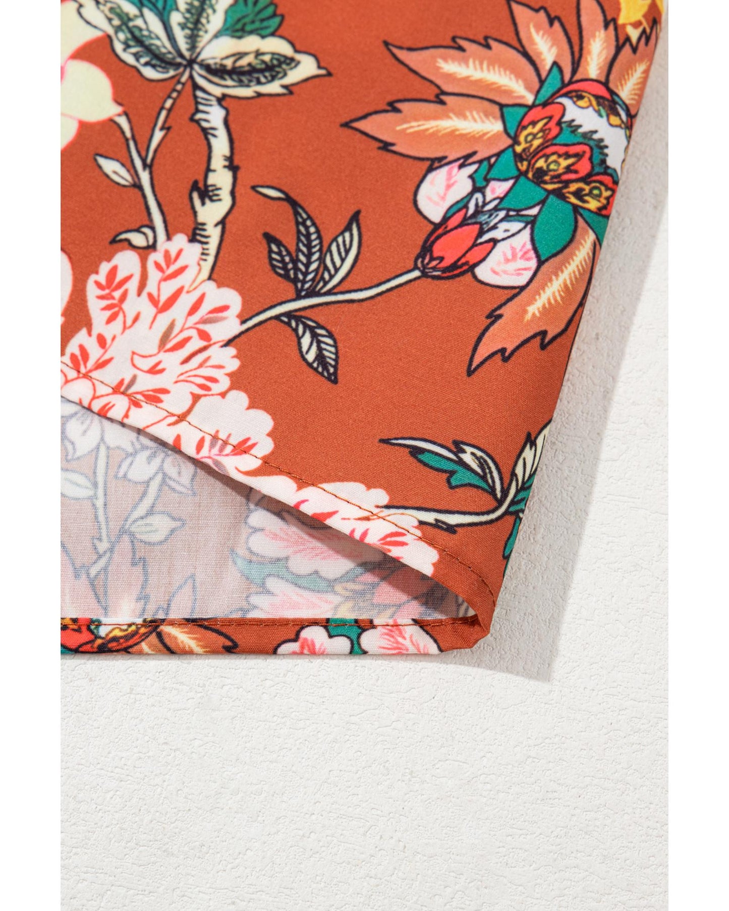 Women's Floral Blouse with Frilled V-Neck & Puff Short Sleeve - Brown 2X