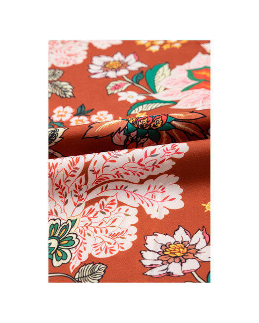 Women's Blouse: Floral V-Neck Puff Short Sleeve with Frilled Trim - Brown 4X