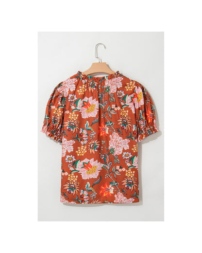 Women's Blouse: Floral V-Neck Puff Short Sleeve with Frilled Trim - Brown 4X