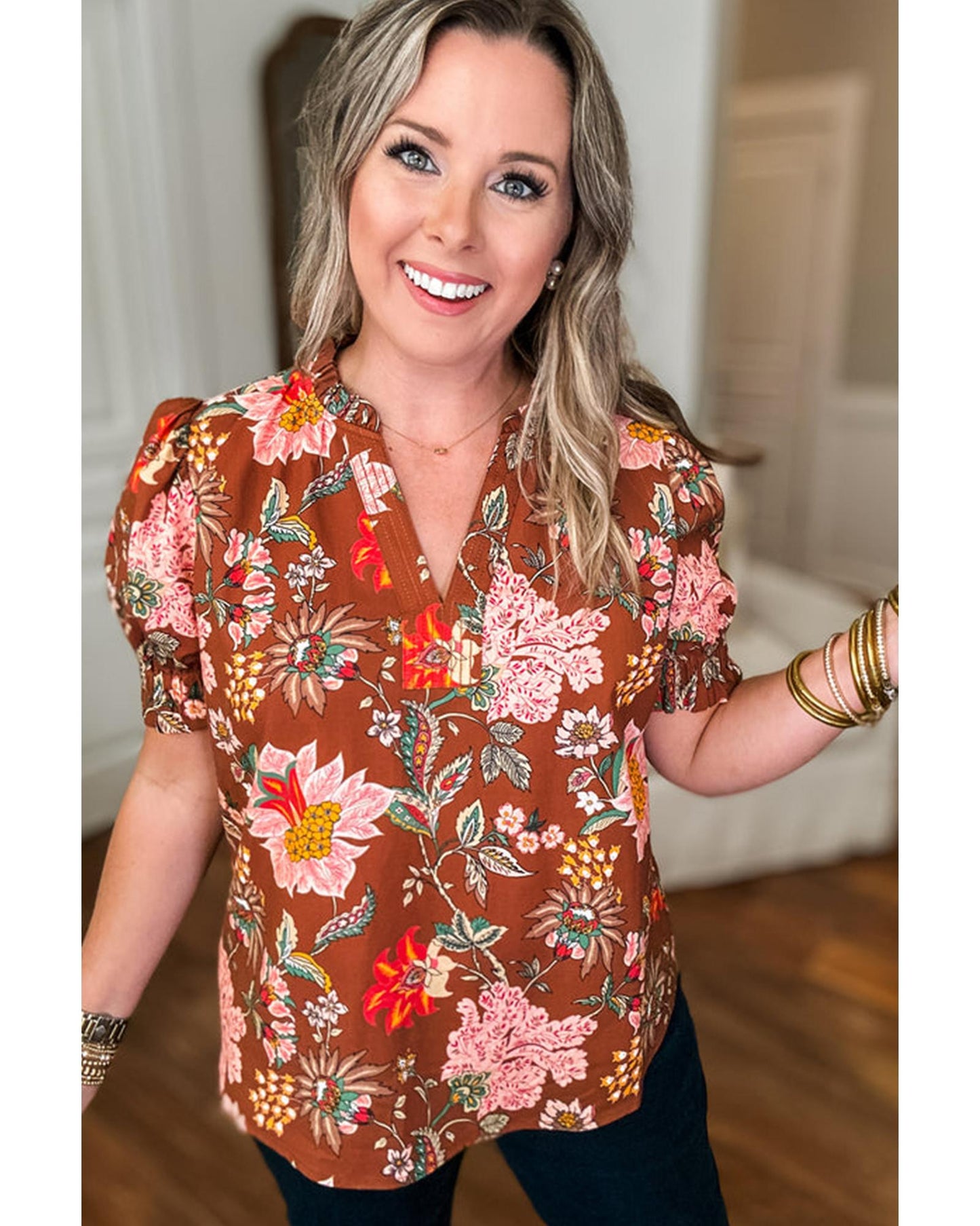 Women's Blouse: Floral V-Neck Puff Short Sleeve with Frilled Trim - Brown 4X