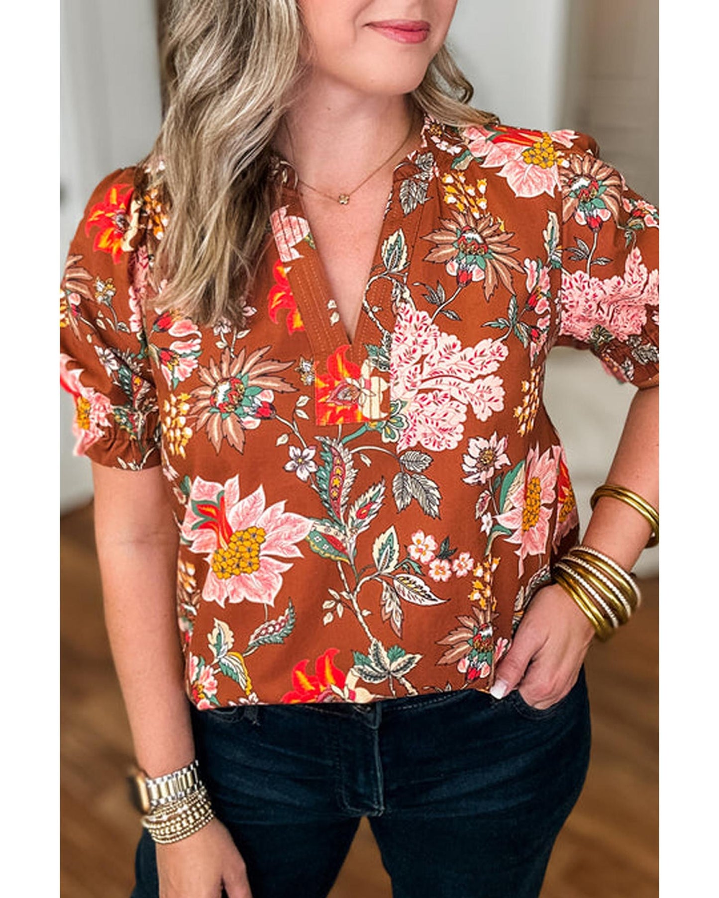 Women's Blouse: Floral V-Neck Puff Short Sleeve with Frilled Trim - Brown 4X