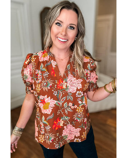 Women's Blouse: Floral V-Neck Puff Short Sleeve with Frilled Trim - Brown 4X