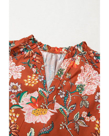 Women's Blouse: Floral V-Neck Puff Short Sleeve with Frilled Trim - Brown 4X