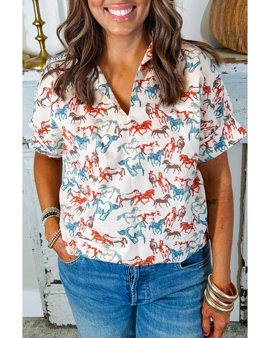 Women's Plus Size Blouse with Split Neck & Short Sleeves, Galloping Horse Print - White