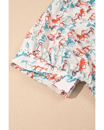 Women's Plus Size Blouse with Split Neck & Short Sleeves, Galloping Horse Print - White