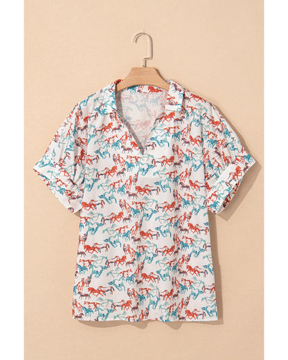 Women's Plus Size Blouse with Galloping Horse Allover Print - White