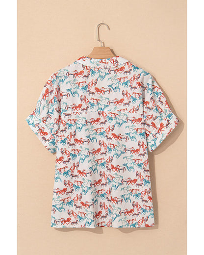 Women's Plus Size Blouse with Galloping Horse Allover Print - White