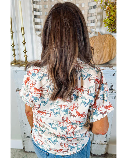 Premium Women's Blouse with Galloping Horse Print Split Neck - White (Plus Size)