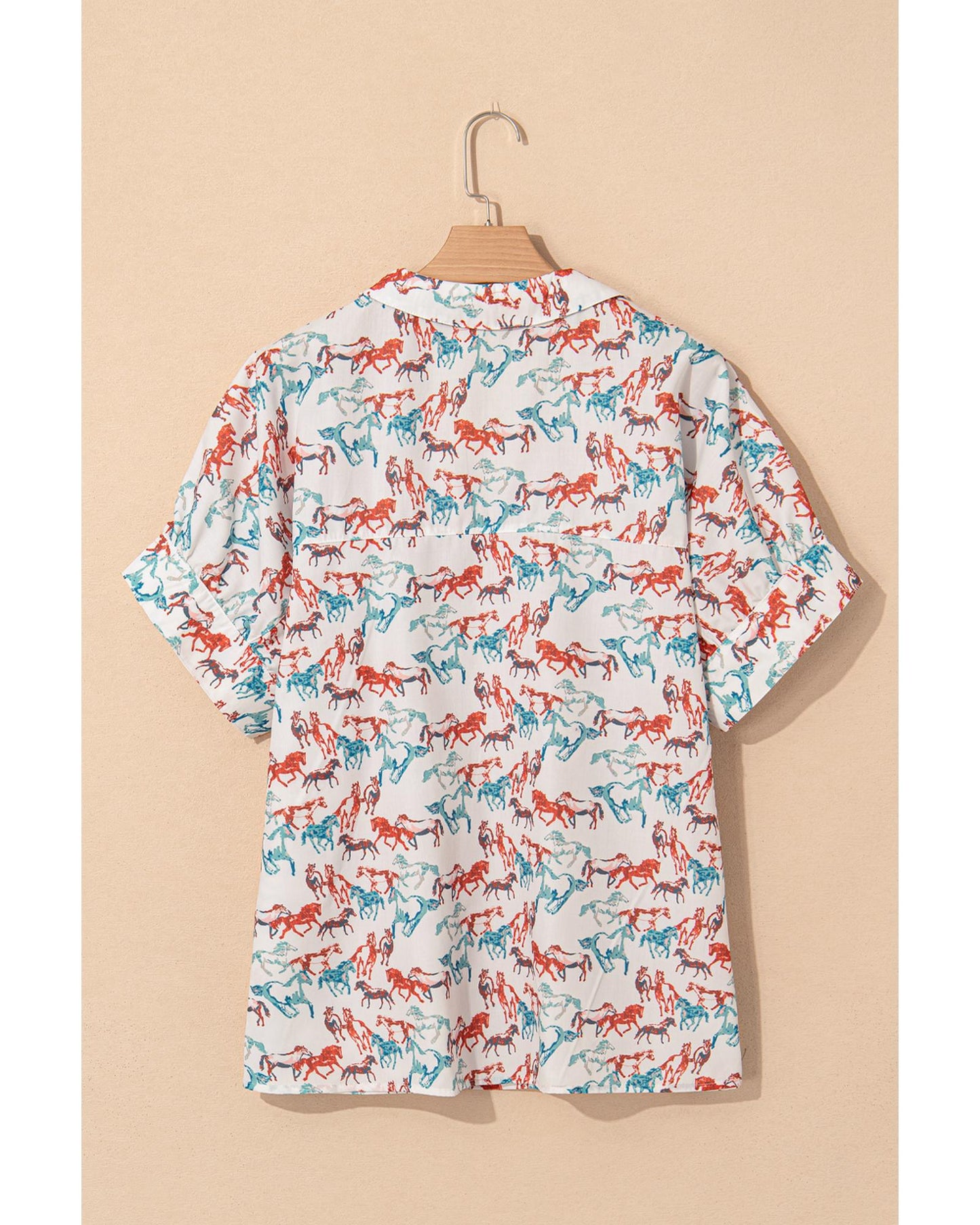 Premium Women's Blouse with Galloping Horse Print Split Neck - White (Plus Size)