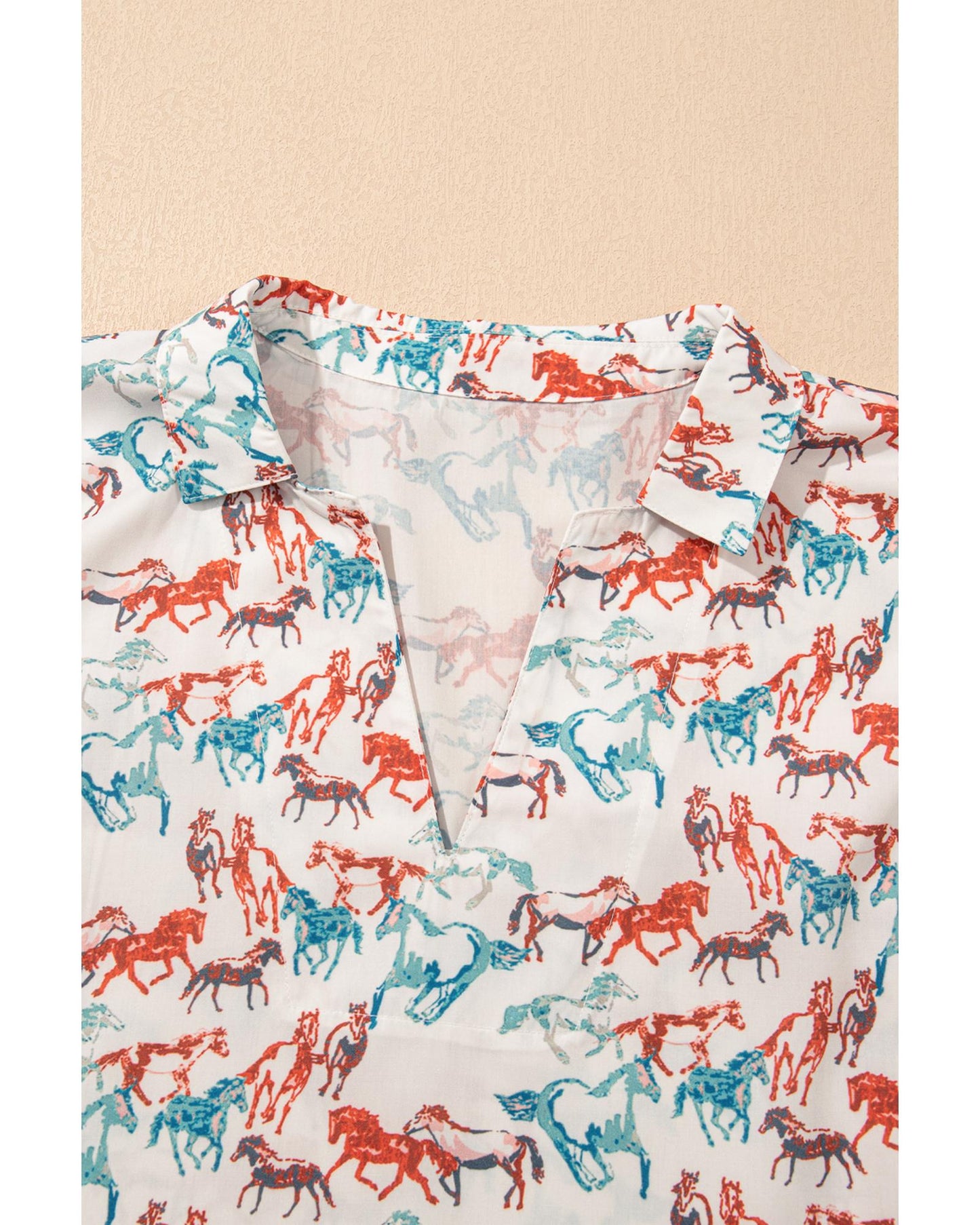 Premium Women's Blouse with Galloping Horse Print Split Neck - White (Plus Size)