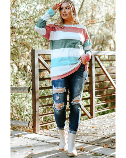 Plus Size Women's Colorblock Pullover Top with Long Sleeves - Green 2X