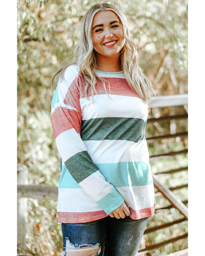 Premium Women's Pullover Top Plus Size Colorblock Long Sleeve - Green 3X