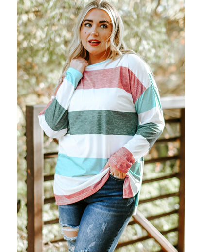 Premium Women's Plus Size Pullover Top with Colorblock Design - Green 5X