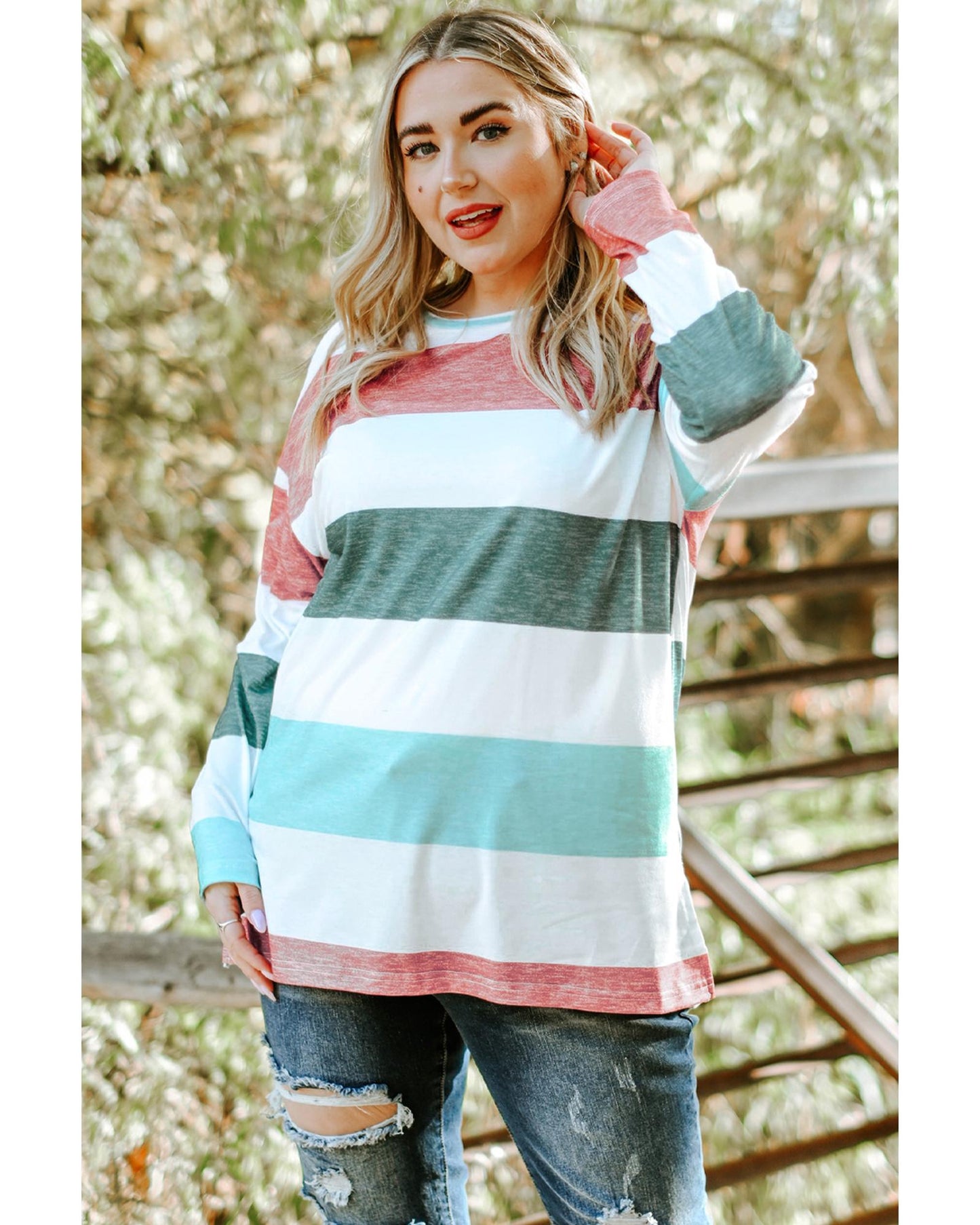 Premium Women's Plus Size Pullover Top with Colorblock Design - Green 5X