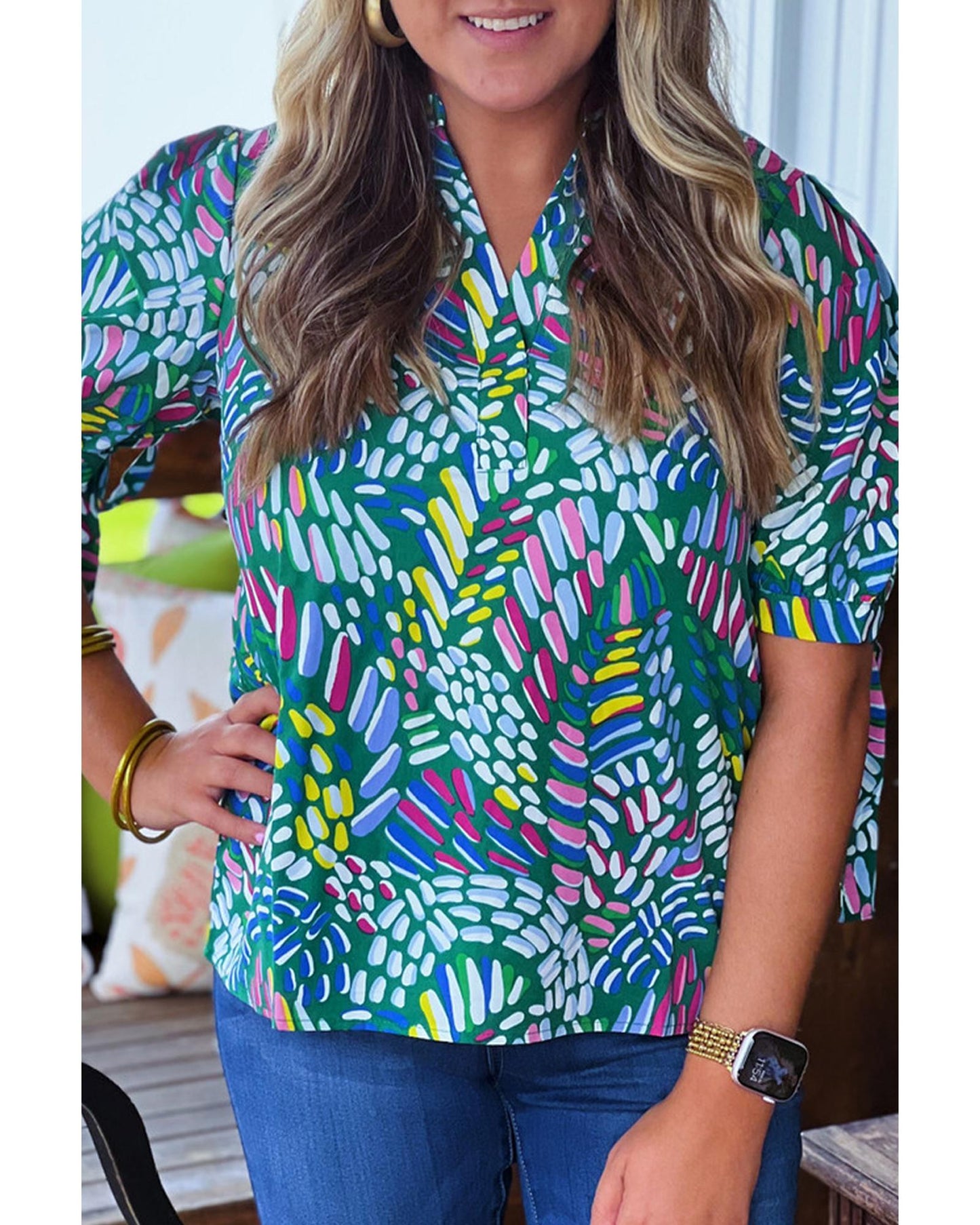 Premium Women's Plus Size Blouse: Knotted Short Sleeve Abstract Print - Green
