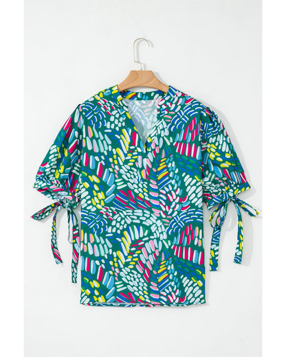 Premium Women's Plus Size Blouse: Knotted Short Sleeve Abstract Print - Green