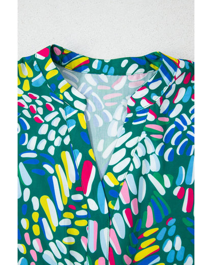 Premium Women's Plus Size Blouse: Knotted Short Sleeve Abstract Print - Green