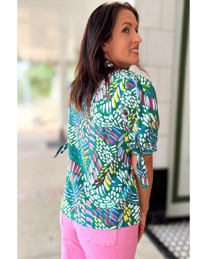 Premium Women's Plus Size Blouse with Knotted Short Sleeves - Green Abstract Print
