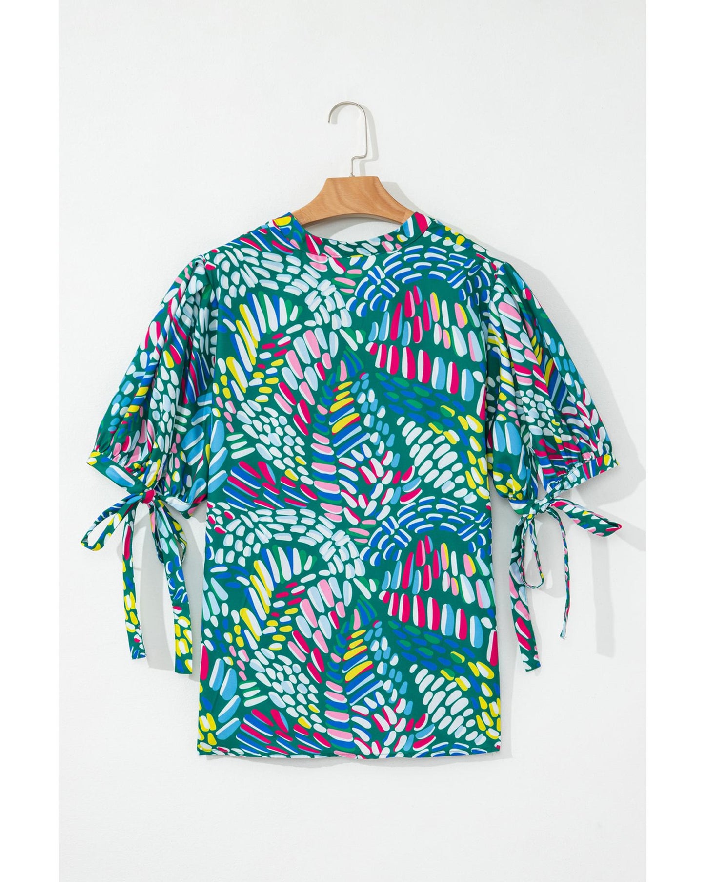 Premium Women's Plus Size Blouse with Knotted Short Sleeves - Green Abstract Print
