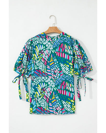 Premium Women's Plus Size Blouse with Knotted Short Sleeves - Green Abstract Print