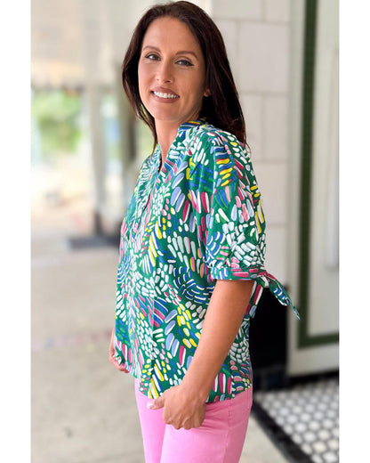Women's Plus Size Blouse with Knotted Short Sleeve & Abstract Print - Green