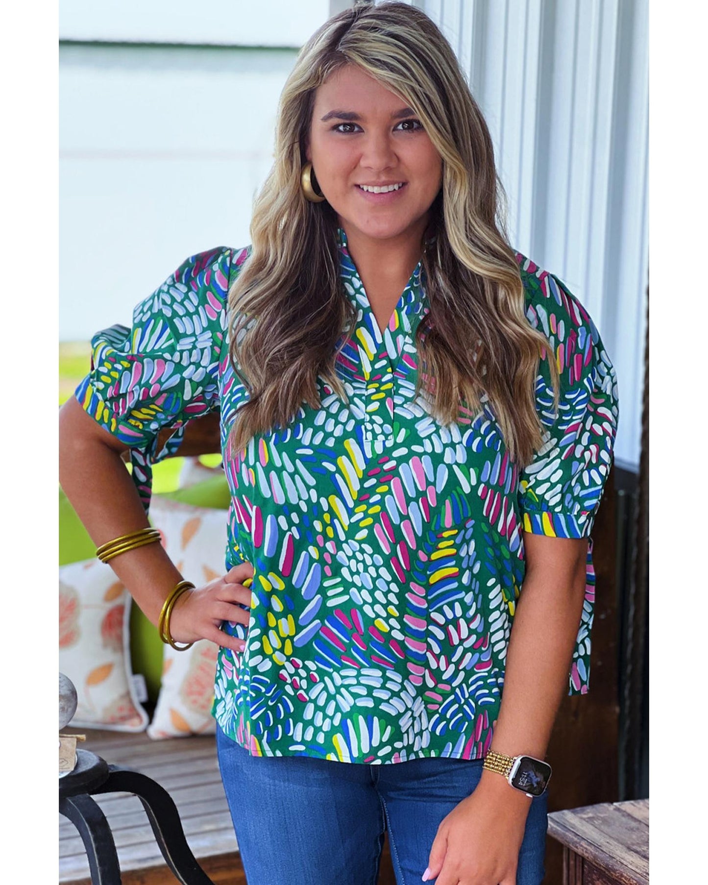 Women's Plus Size Blouse with Knotted Short Sleeve & Abstract Print - Green