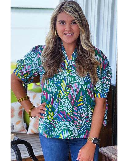 Women's Plus Size Blouse with Knotted Short Sleeve & Abstract Print - Green