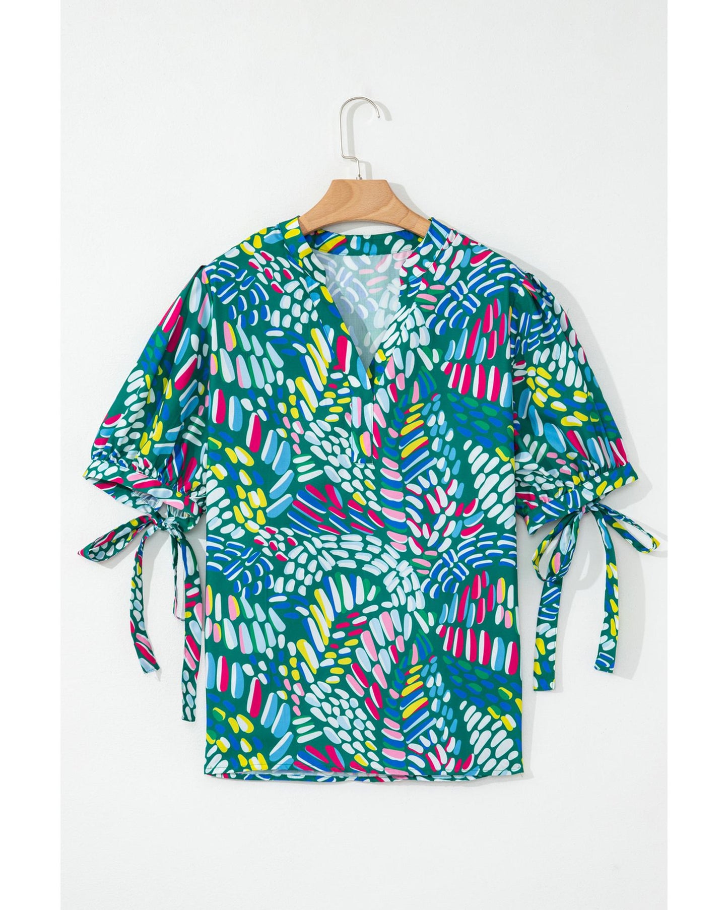 Women's Plus Size Blouse with Knotted Short Sleeve & Abstract Print - Green
