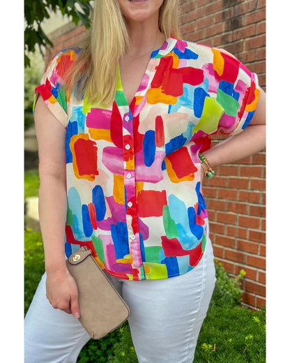 Women's Plus Size Blouse with Colorful Brush Stroke Print & Split Neck - 1X