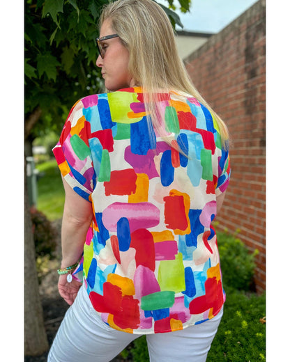 Women's Plus Size Blouse with Colorful Brush Stroke Print & Split Neck - 1X