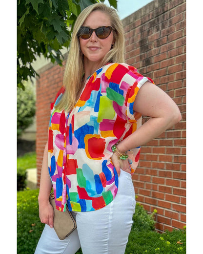 Women's Plus Size Blouse with Colorful Brush Stroke Print & Split Neck - 1X