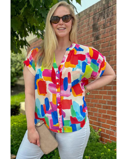 Women's Plus Size Blouse with Colorful Brush Stroke Print & Split Neck - 1X