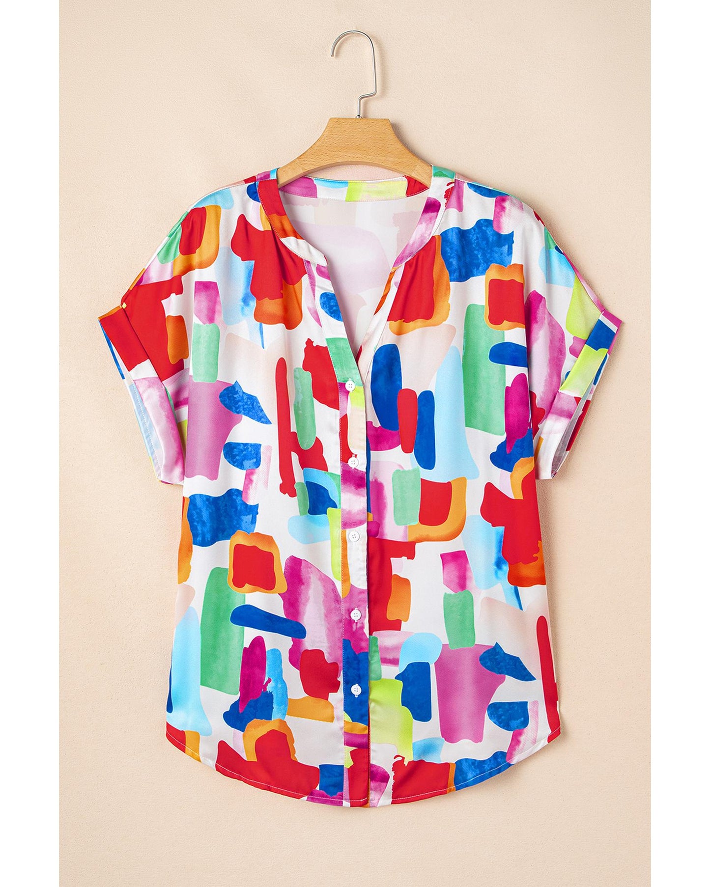 Women's Plus Size Blouse with Colorful Brush Stroke Print & Split Neck - 1X