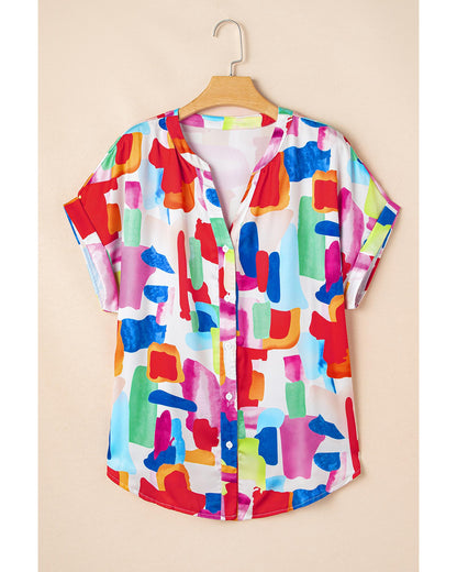 Women's Plus Size Blouse with Colorful Brush Stroke Print & Split Neck - 1X