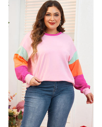 Pink Colorblock Long Sleeve Plus Size Top - 2X