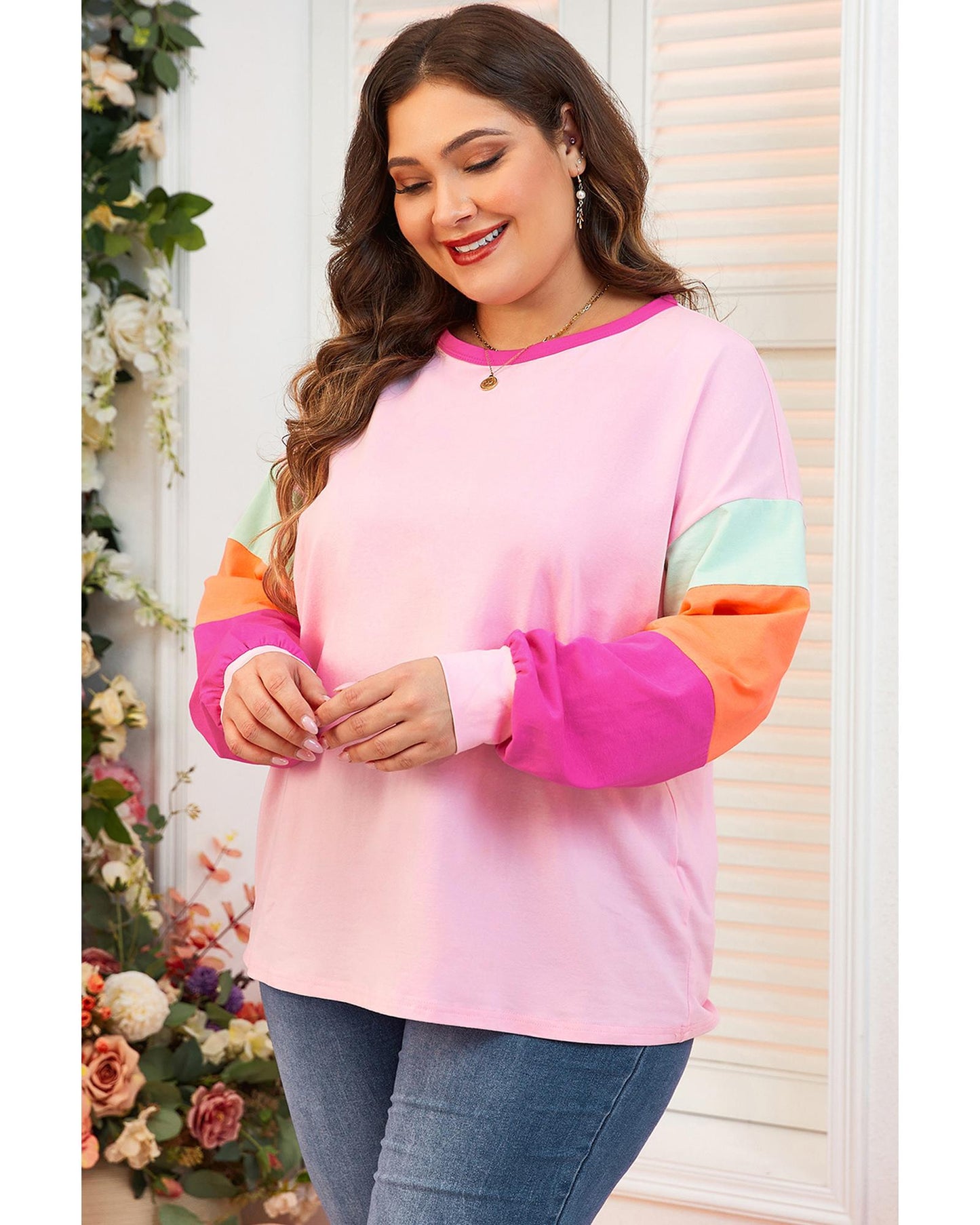 Premium Women's Plus Size Top with Long Sleeve Patchwork Colorblock - Pink 3X