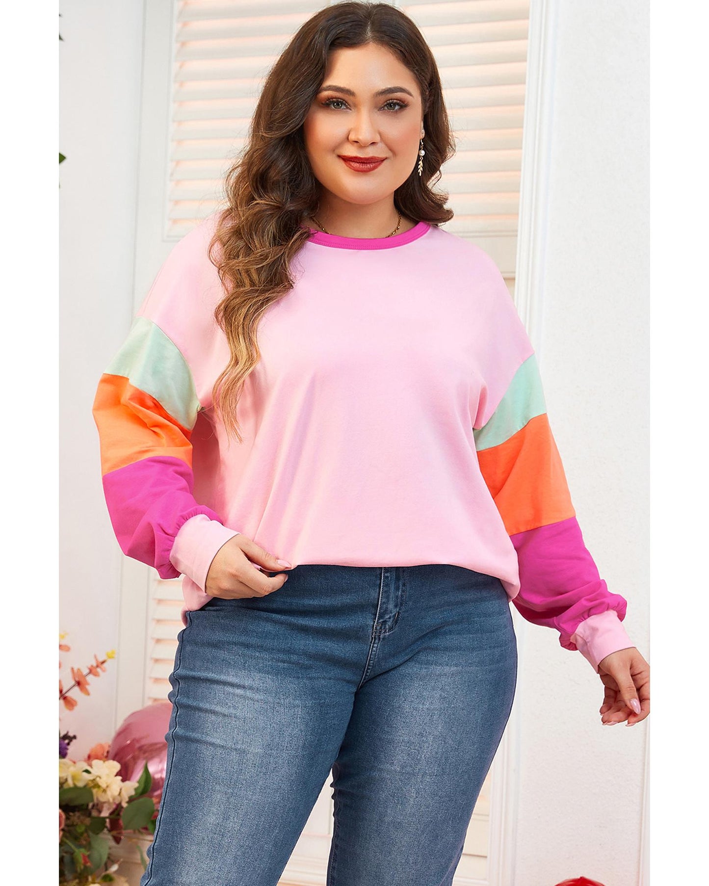 Premium Women's Plus Size Top with Long Sleeve Patchwork Colorblock - Pink 3X