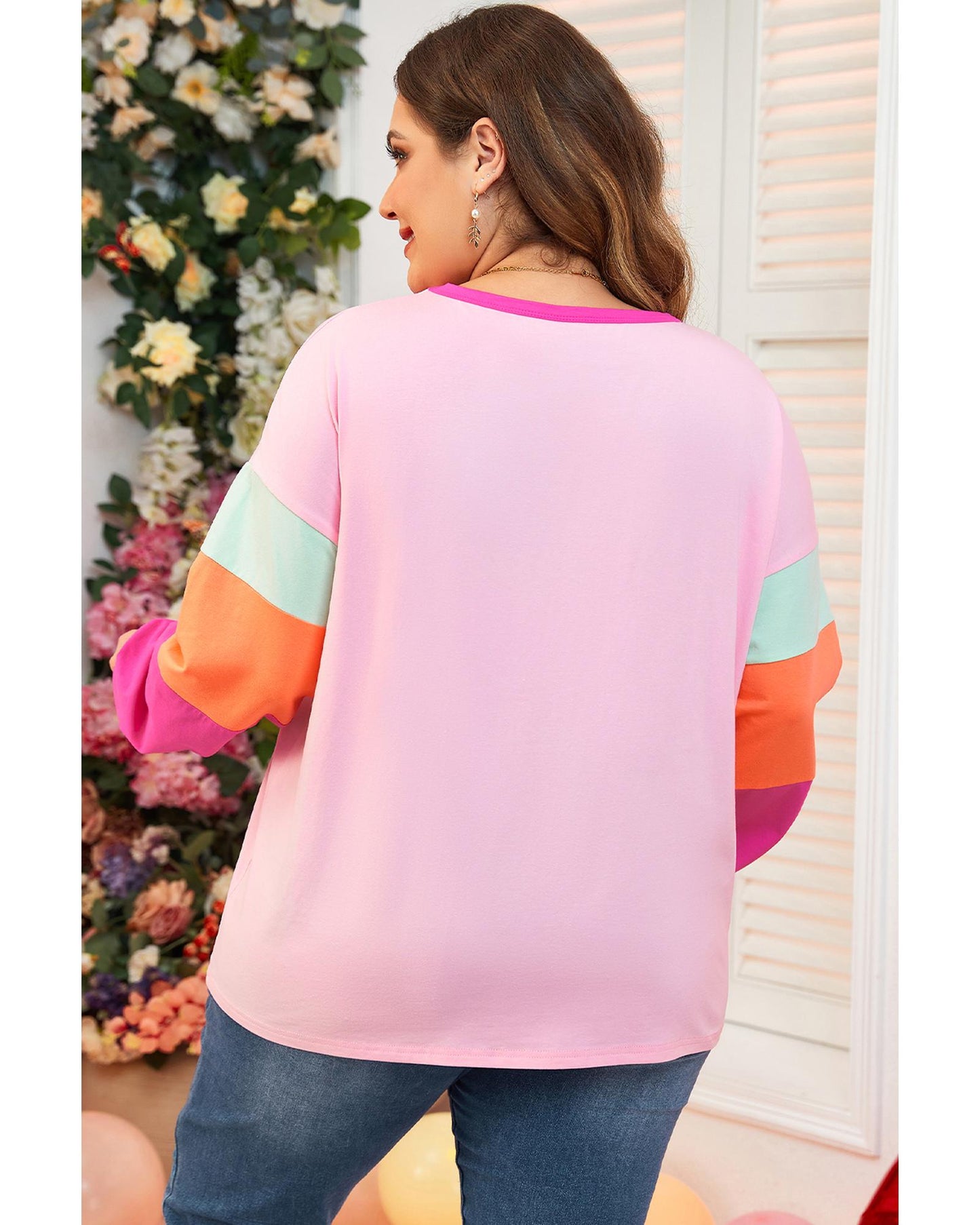Premium Women's Plus Size Top with Long Sleeve Patchwork Colorblock - Pink 3X