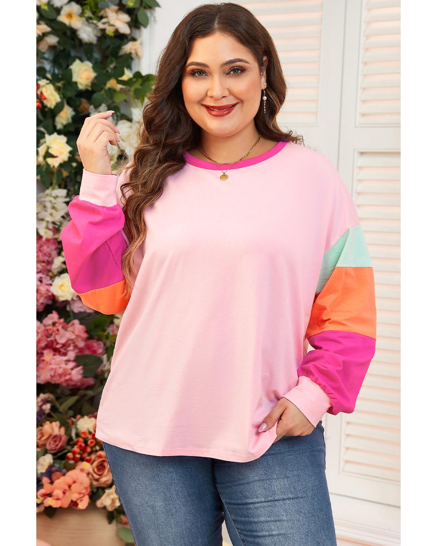 Premium Women's Plus Size Top with Long Sleeve Patchwork Colorblock - Pink 3X