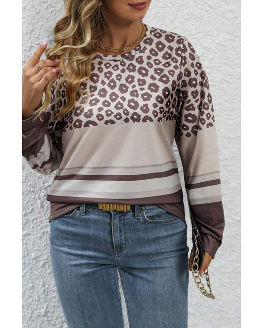 Premium Women's Plus Size Long Sleeve Crew Neck Top with Leopard Stripe - Coffee
