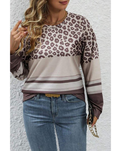 Premium Women's Plus Size Leopard Striped Long Sleeve Crew Neck Top - Coffee