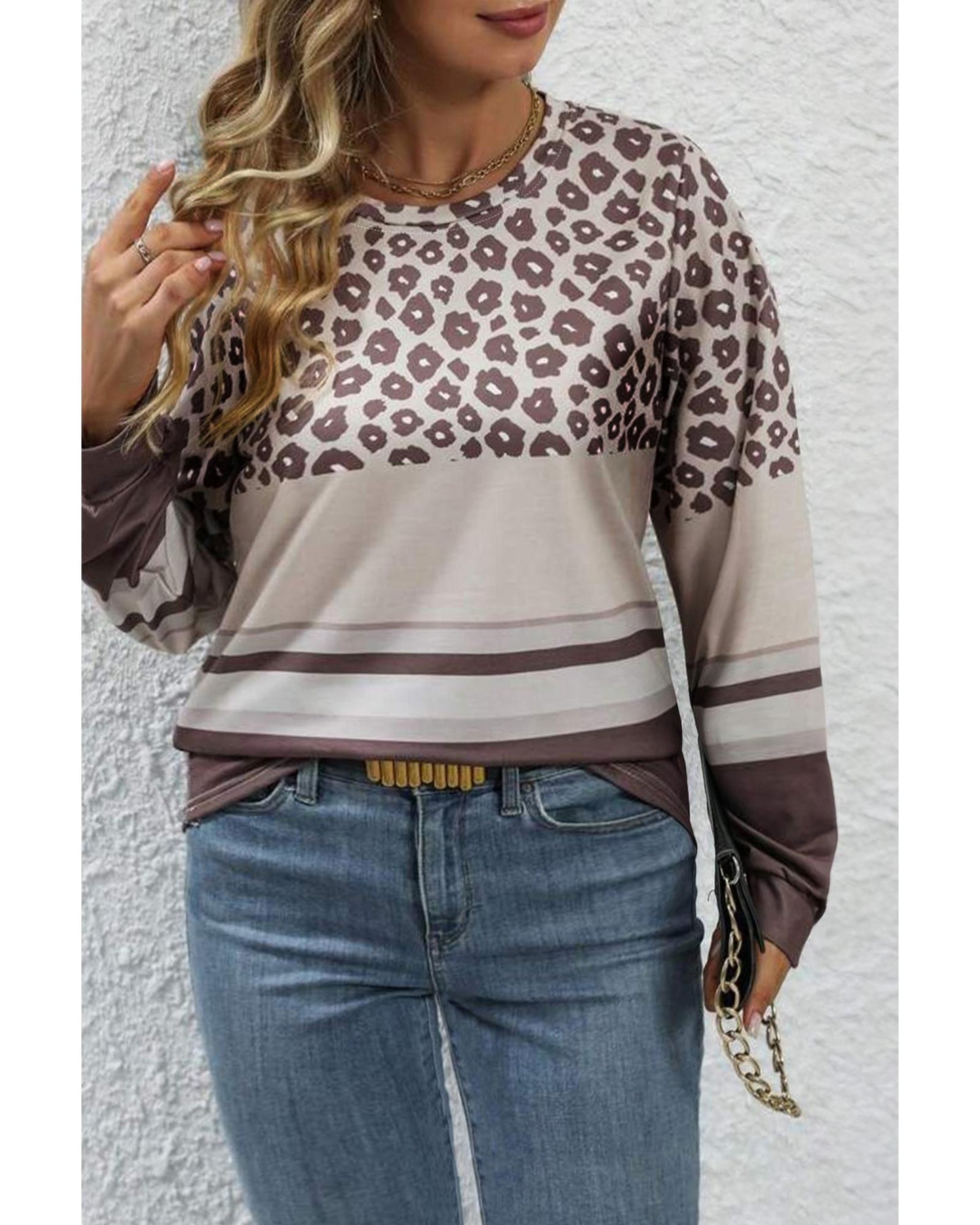 Premium Women's Plus Size Top, Leopard Striped Long Sleeve Crew Neck - Coffee