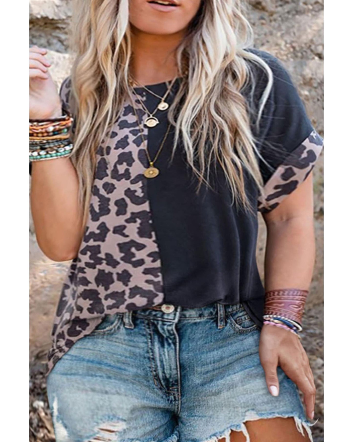 Premium Women's Plus Size T-shirt: Half Leopard Patchwork, Black - 3X