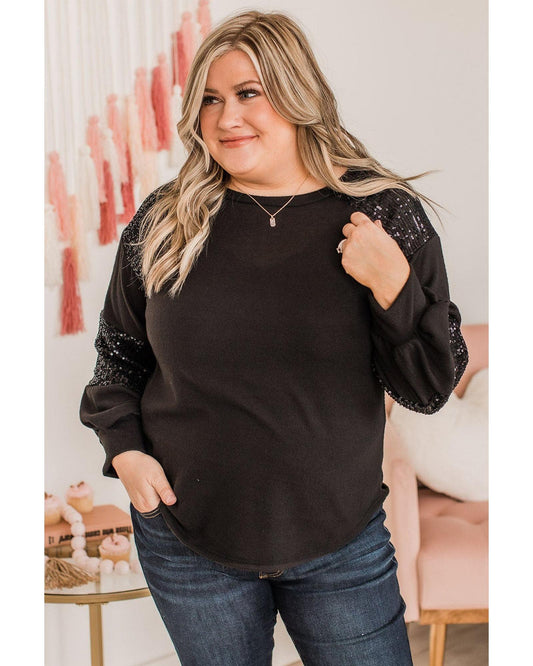 Plus Size Women's Knit Top with Sequin Patchwork Crew Neck Long Sleeve - Black