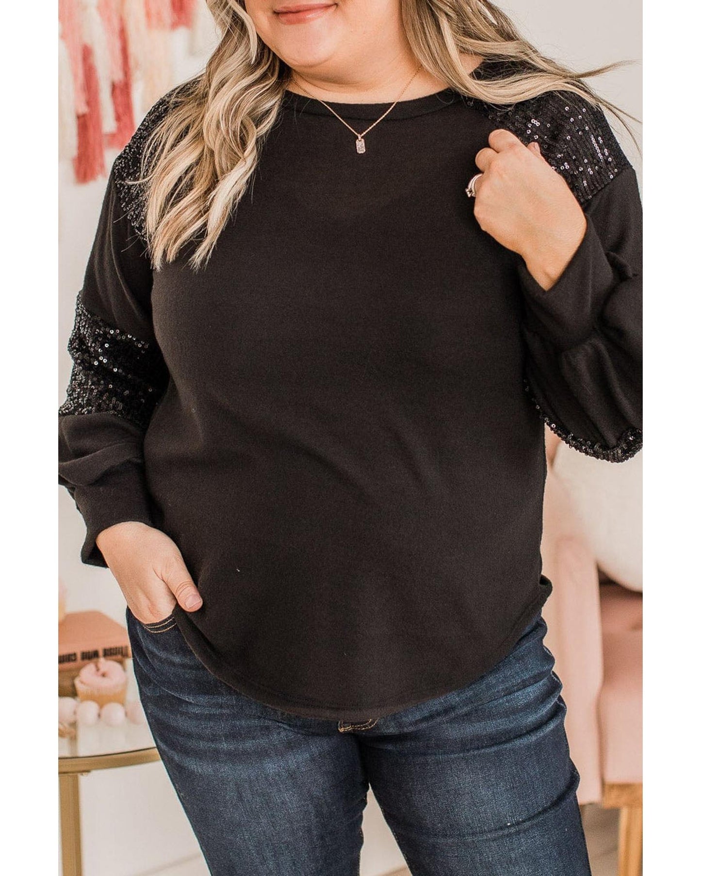 Plus Size Women's Knit Top with Sequin Patchwork Crew Neck Long Sleeve - Black
