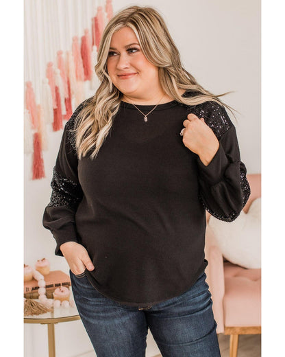Premium Women's Plus Size Long Sleeve Top Sequin Patchwork Crew Neck - Black