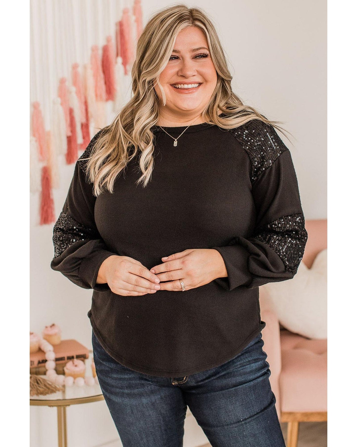 Premium Women's Plus Size Long Sleeve Top Sequin Patchwork Crew Neck - Black